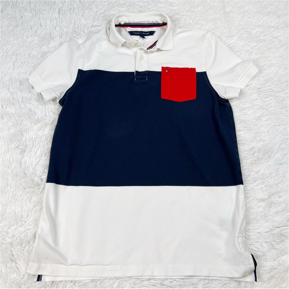 Tommy Hilfiger men short sleeve color block polo shirt white‎ blue